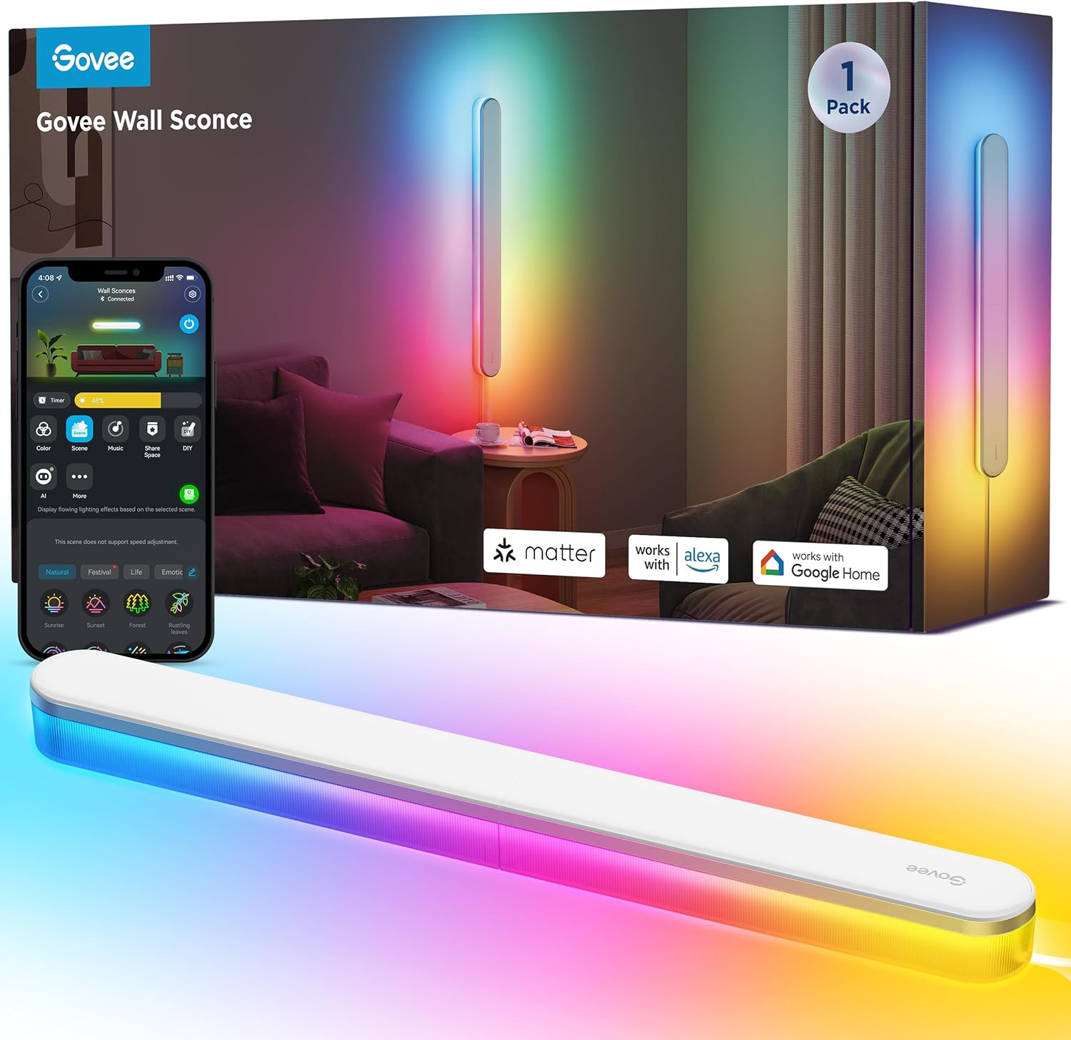Govee RGBICW Wandleuchte Innen, Smart Wandlampe Kompatibel mit Matter, Alexa & Google Assistant, 1200lm LED Wandleuchte, Musik Sync, Indirekte Beleuchtung für Wohnzimmer, Treppe, Flur, 1 Stück