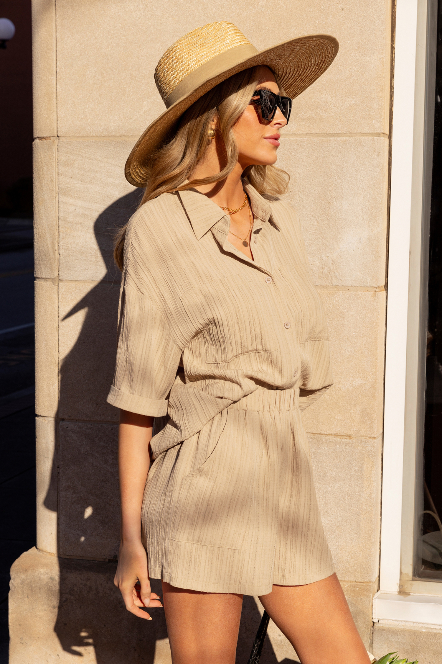 Combishort à col chemise et boutons fauve