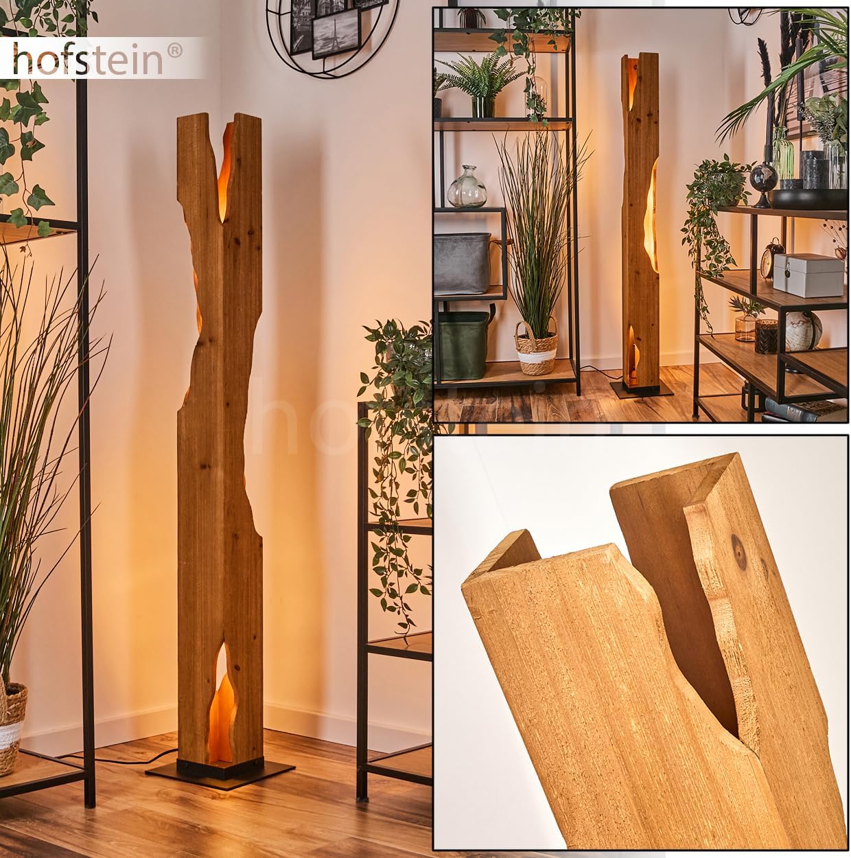 HOFSTEIN Stehleuchte Sernadelo, moderne Stehleuchte aus Metall/Bambus in Schwarz/Naturfarben, geschwungene Leuchte im Boho-Style mit Fußschalter am Kabel, Höhe 141 cm, 4 x E27, ohne Leuchtmittel