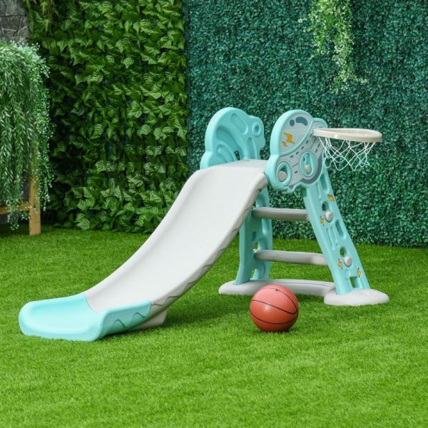 Homcom Escorrega Infantil Dobrável com Cesta de Basquetebol Disco Voador 140x87x75cm Azul e Cinza