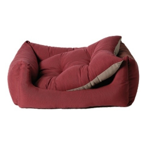 Cama de lona confortável para cães nas cores bordô e bege.