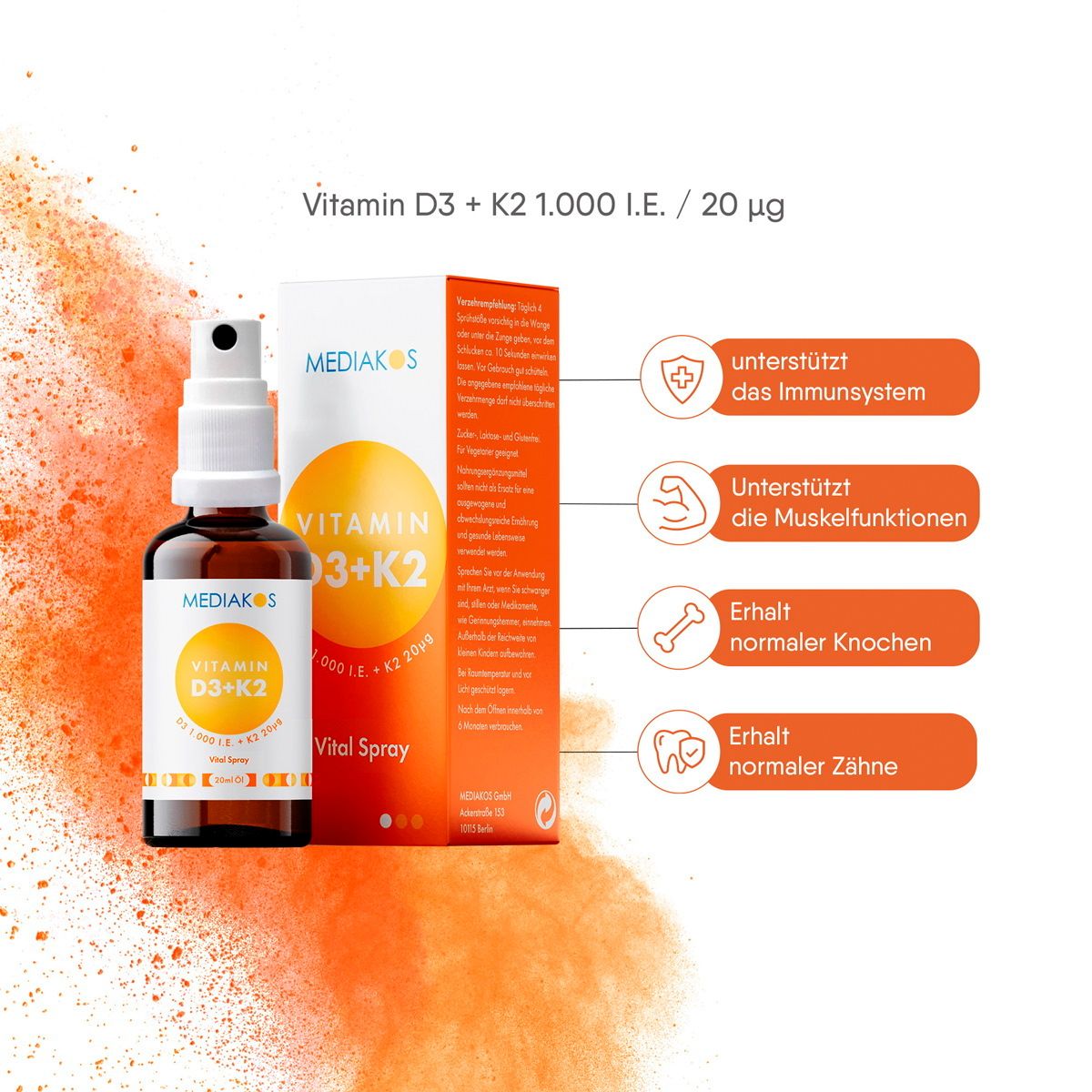 MEDIAKOS Vitamin D3 + K2 1.000 I.E. 20 µg Vital Spray