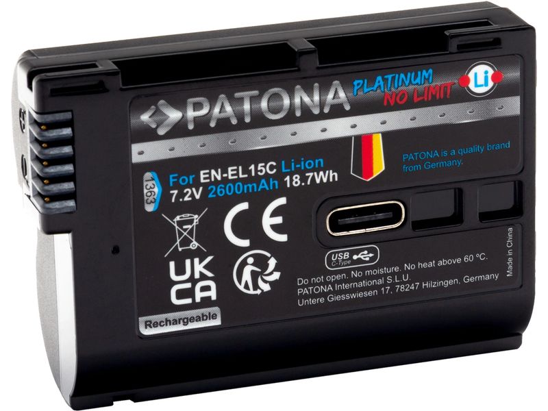 Patona Digitalkamera-Akku Platinum Nikon EN-EL15C mit USB-C Ausdauernder Ersatzakku für Nikon EN-EL15C