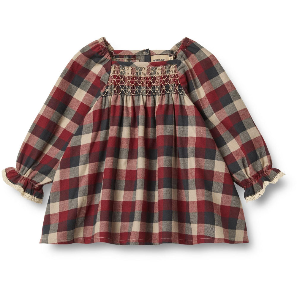 Køb Wheat Red Blue Check Kjole L/S Lace Bella