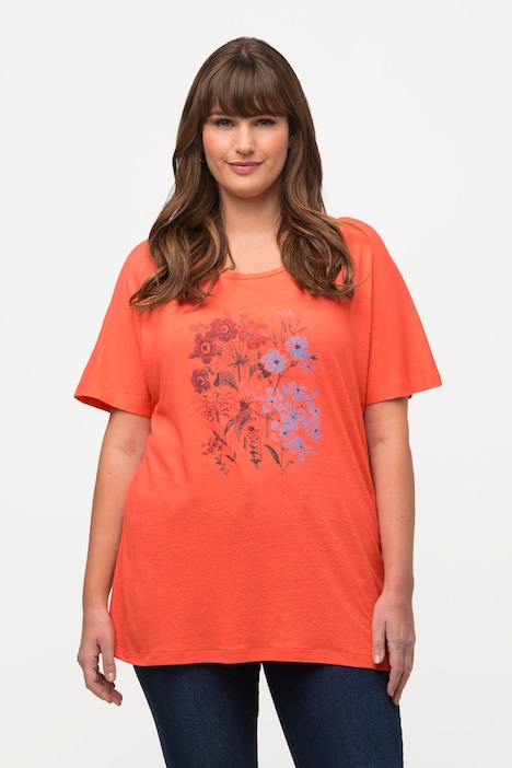 Shirt, Blüten, Oversized, Rundhals, Leinenmix