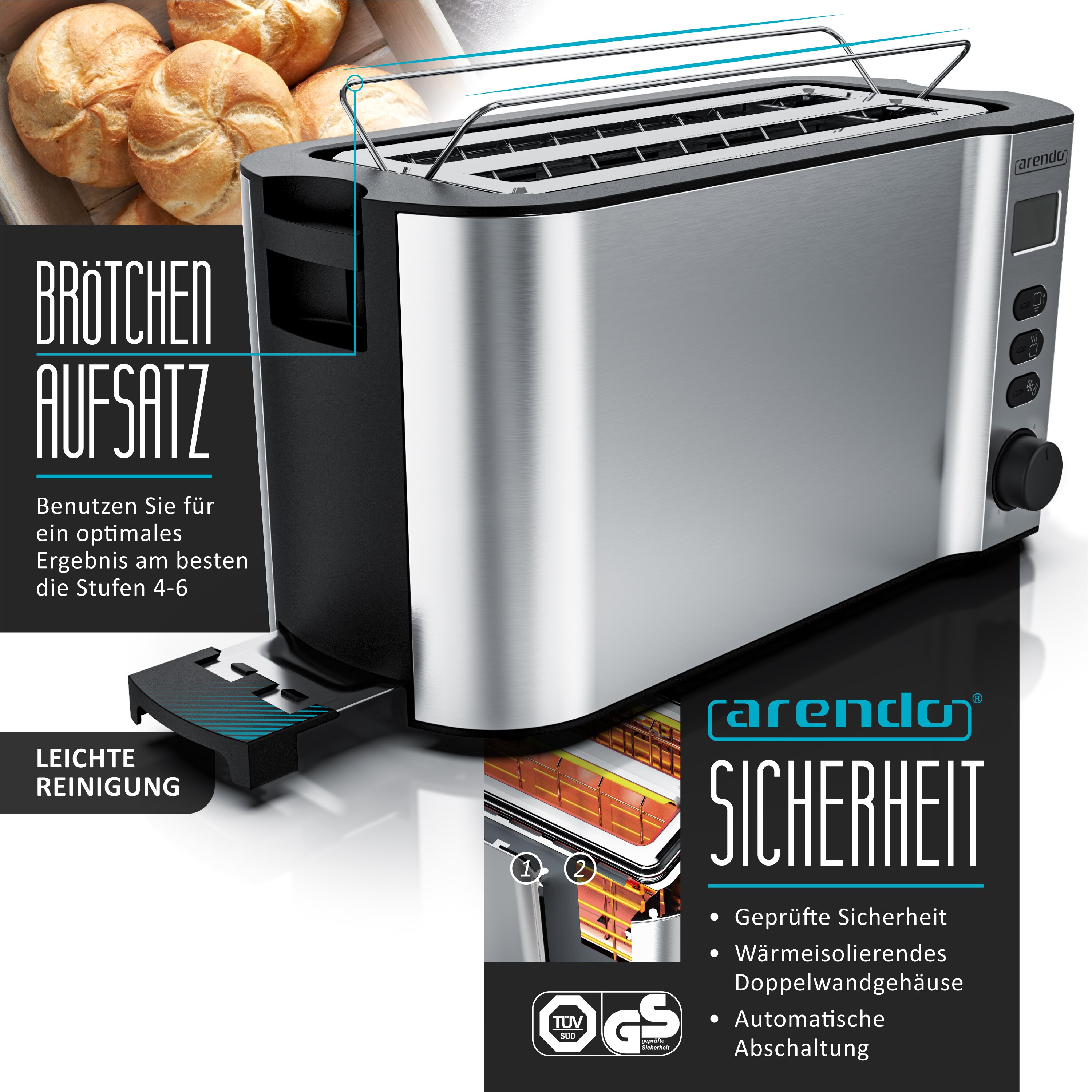 Arendo Frühstücks-Set, 8er Eierkocher EIGHTCOOK, Wasserkocher 1,5l, 4-Scheiben Toaster Langschlitz, Silber