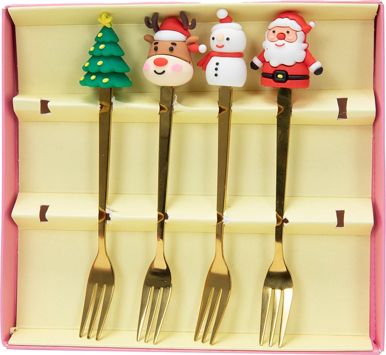 Gebaksvorkjes set Kerst goud 13 cm 4-delig