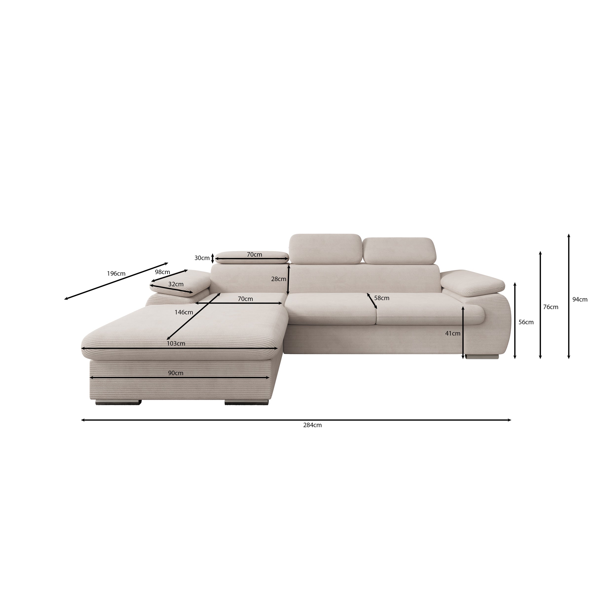 Cordoba - Hoekbank 3-zits met chaise longue - Ribstof beige - Rechts