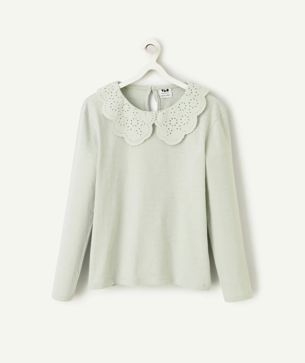 T-SHIRT FILLE EN COTON BIOLOGIQUE VERT AVEC COL CLAUDINE BRODÉ