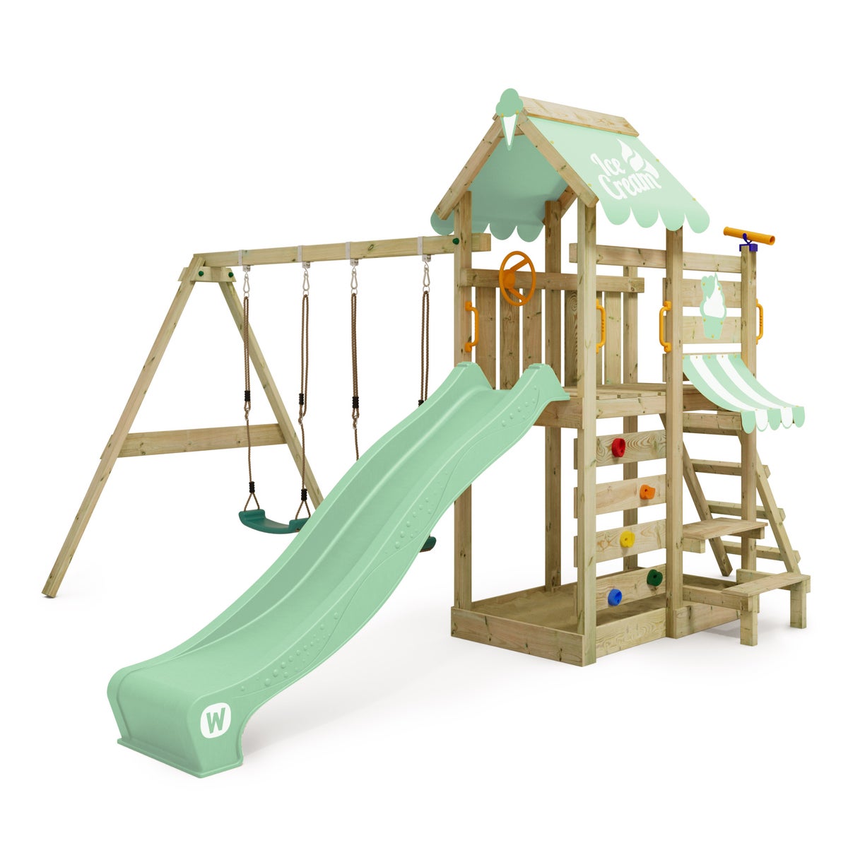 WICKEY VanillaFlyer Speeltoren Klimrek met Schommel en Glijbaan, Klimtoren met Zandbak, Ladder en Speelaccessoires – Pastelgroen