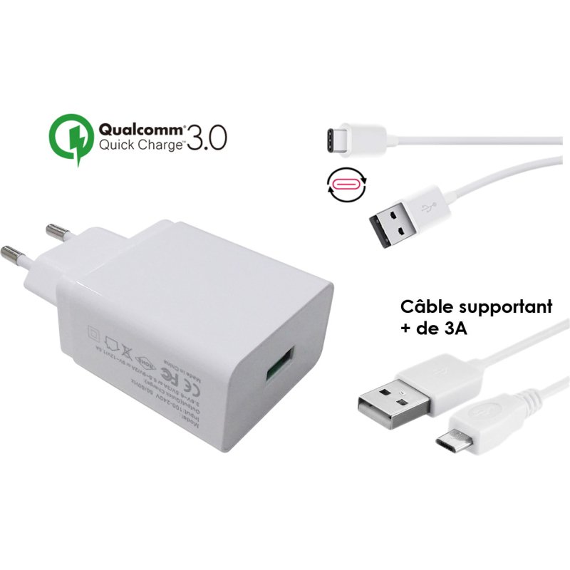 DLH Chargeur secteur USB-A Quick Charge 3.0 avec cable USB-C et cable micro USB