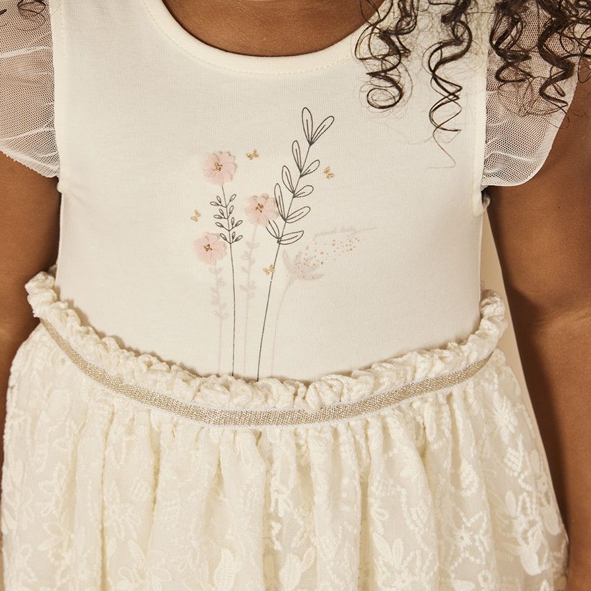 Robe body de cérémonie effet 2 en 1 avec broderies pour bébé fille - Ecru