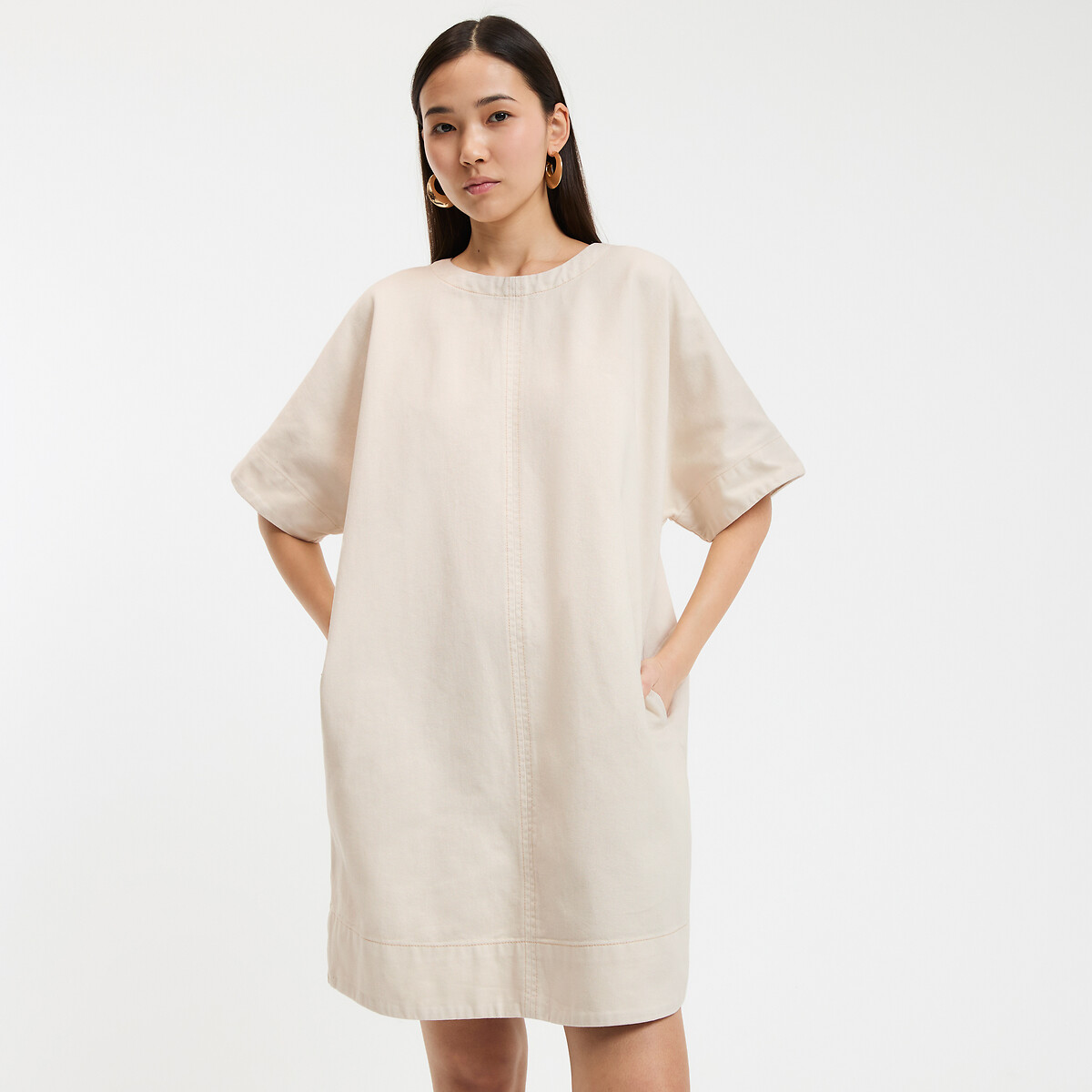 COLEÇÕES LA REDOUTE<br>Vestido evasê, jeans, mangas curtas
