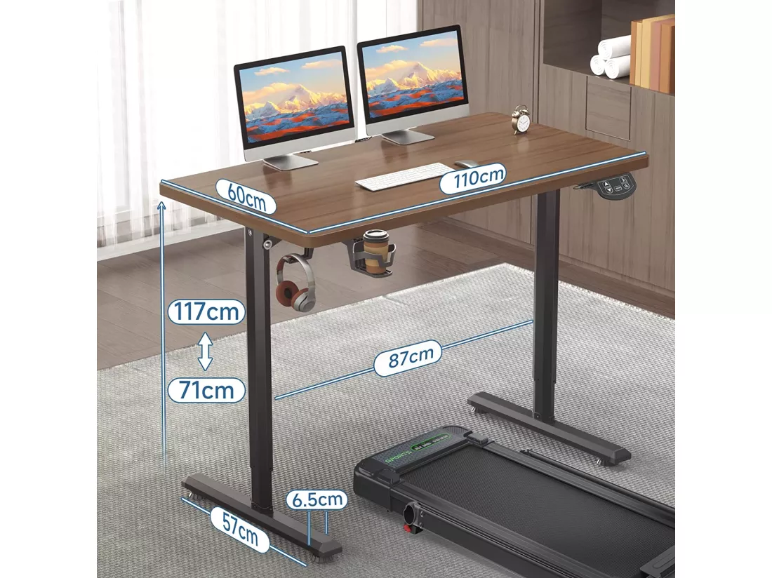 Bureau Assis Debout Electrique 110x60x71-117cm,Bureau Ergonomique Standing Desk Réglable,Panneau en Fibre de Carbone