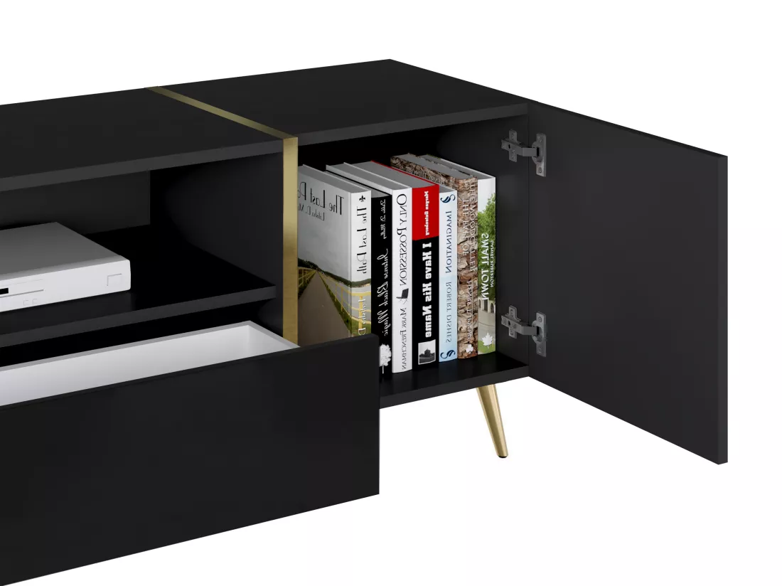 Meuble TV avec 2 portes, 1 tiroir et 1 niche - Noir brillant et Doré - MARZIALO
