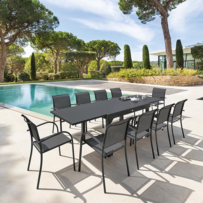 Ensemble table de jardin extensible + 10 fauteuils PIAZZA Graphite