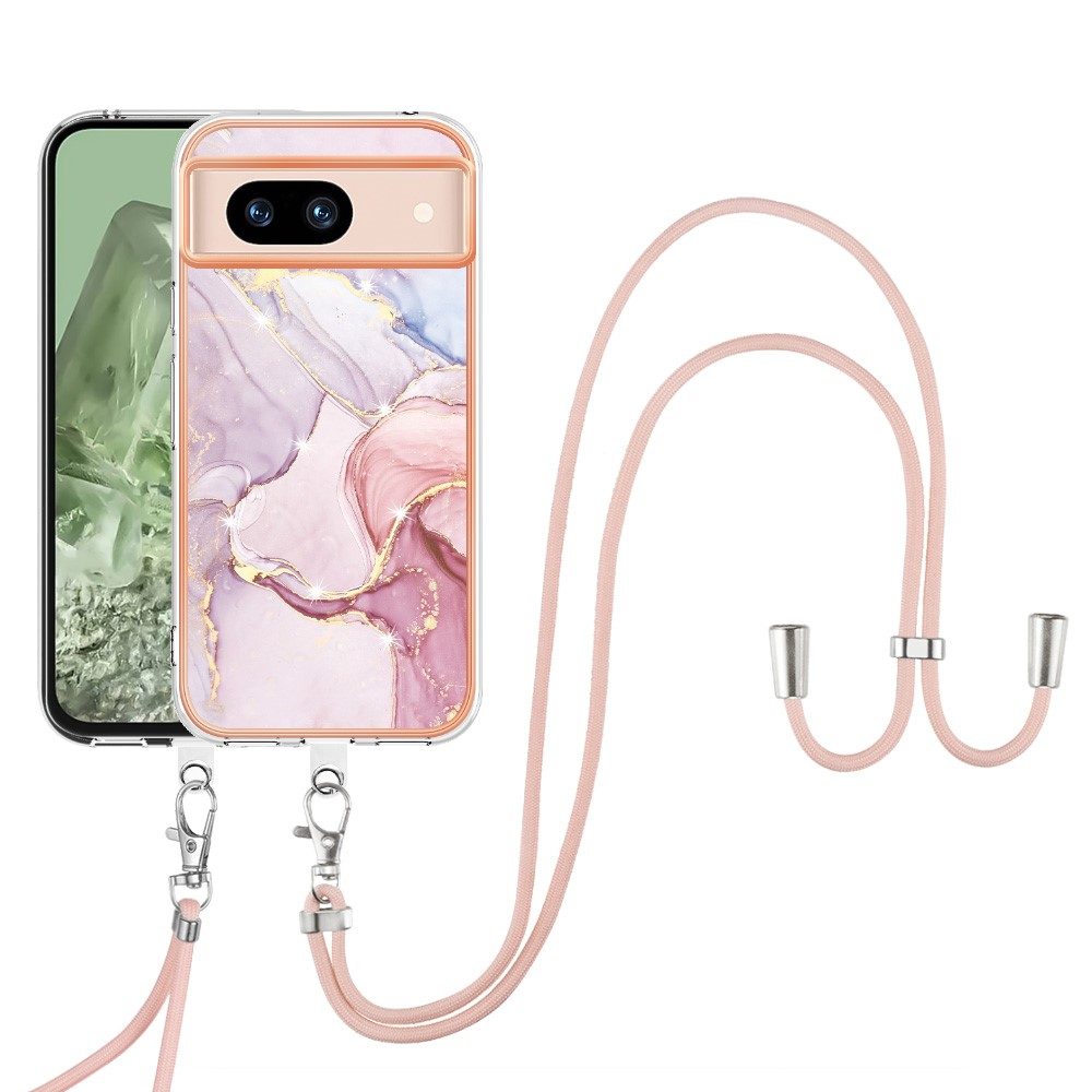 Google Pixel 8a Gummi Case Hülle Galvanisierter Rahmen   Necklace Handykette mit Einlage - Rosa / Roségold