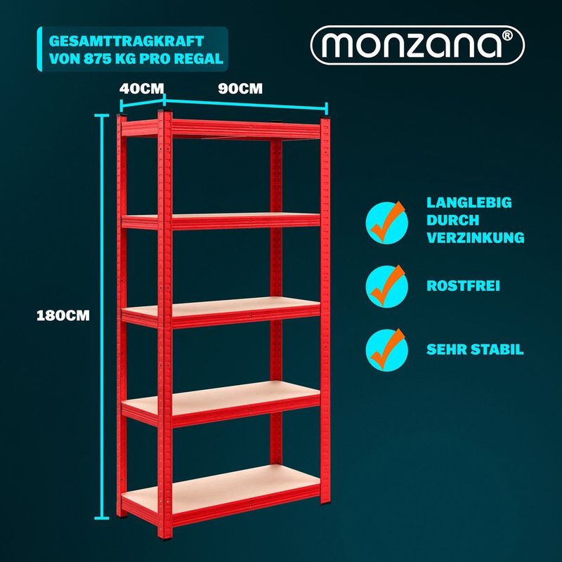 Monzana - Stellingkast Set van 2 - Rood - 180x90x40cm - Belastbaar tot 1750kg
