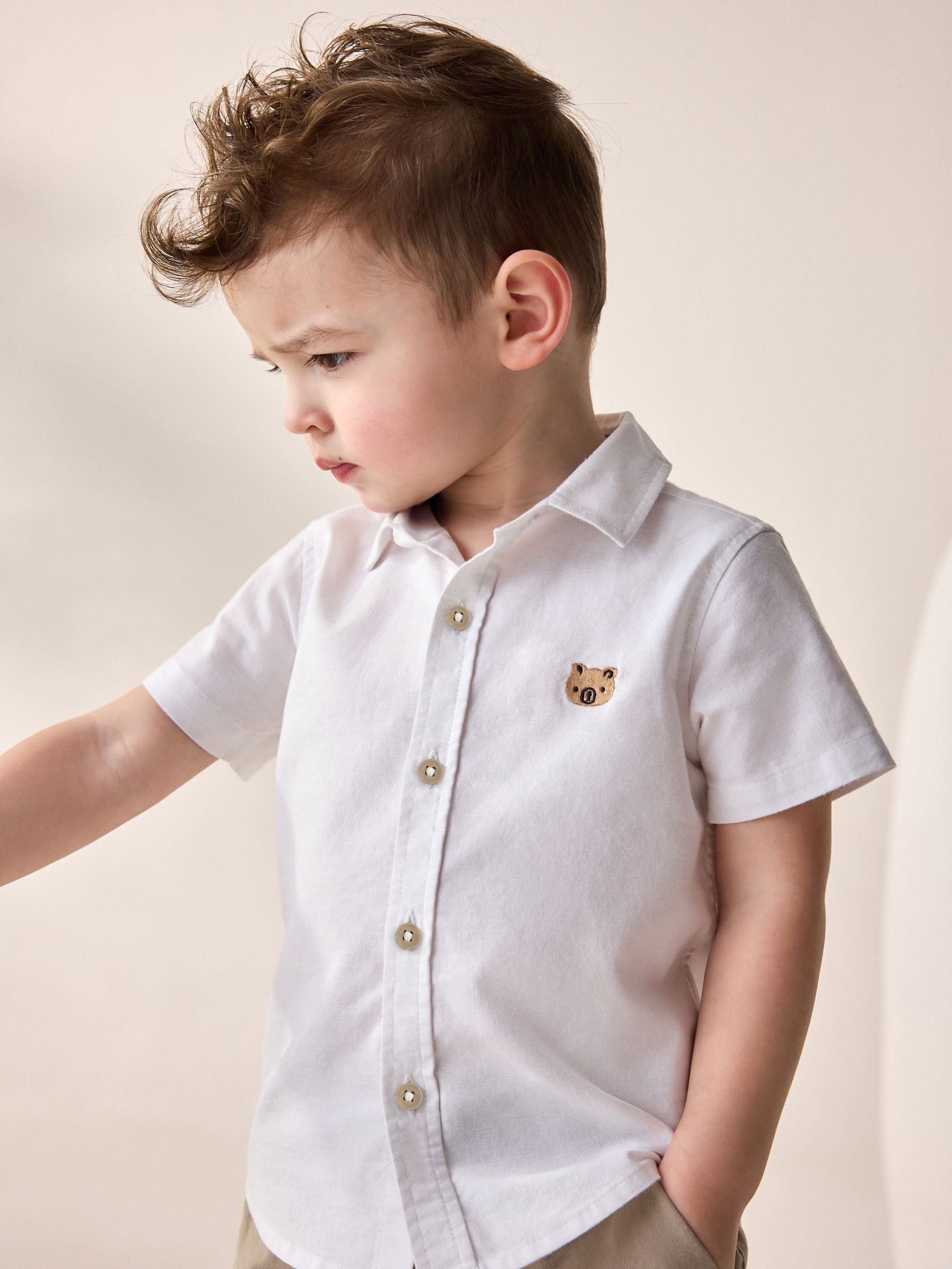 Witte Beer Borduurwerk - Oxford-overhemd met korte mouwen en figuur (3mnd-7jr)