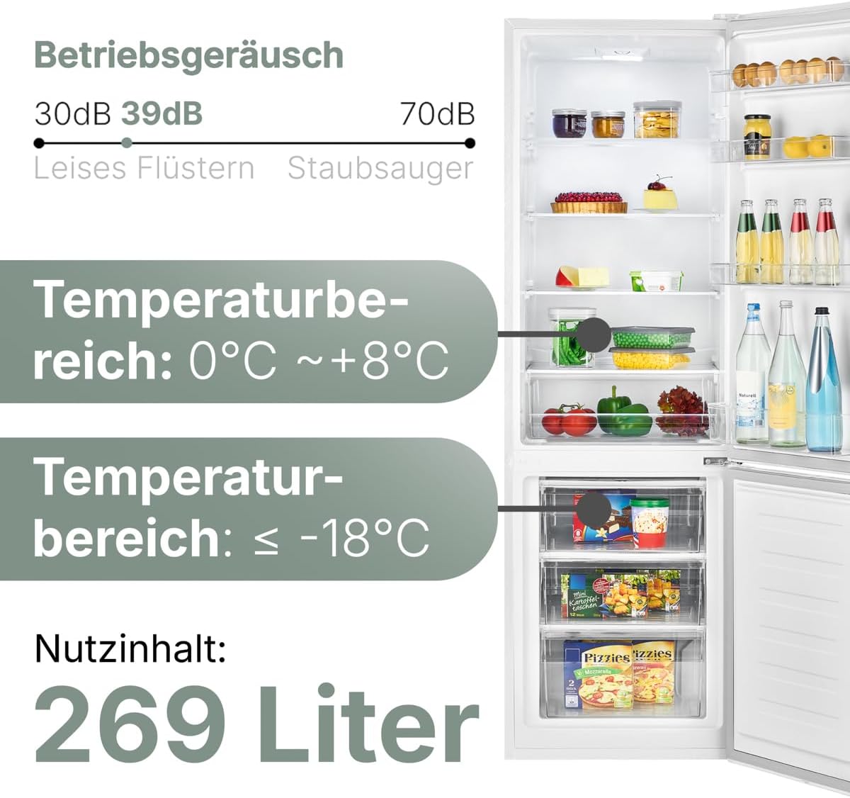 Bomann Kühlschrank mit Gefrierfach | Energieklasse D | 180cm | Kühl Gefrierkombination leise 39 dB | 4 Ablagen & 3 Schubladen | Türanschlag wechselbar | 269L Kühlgefrierkombi | KG 184.1 weiß