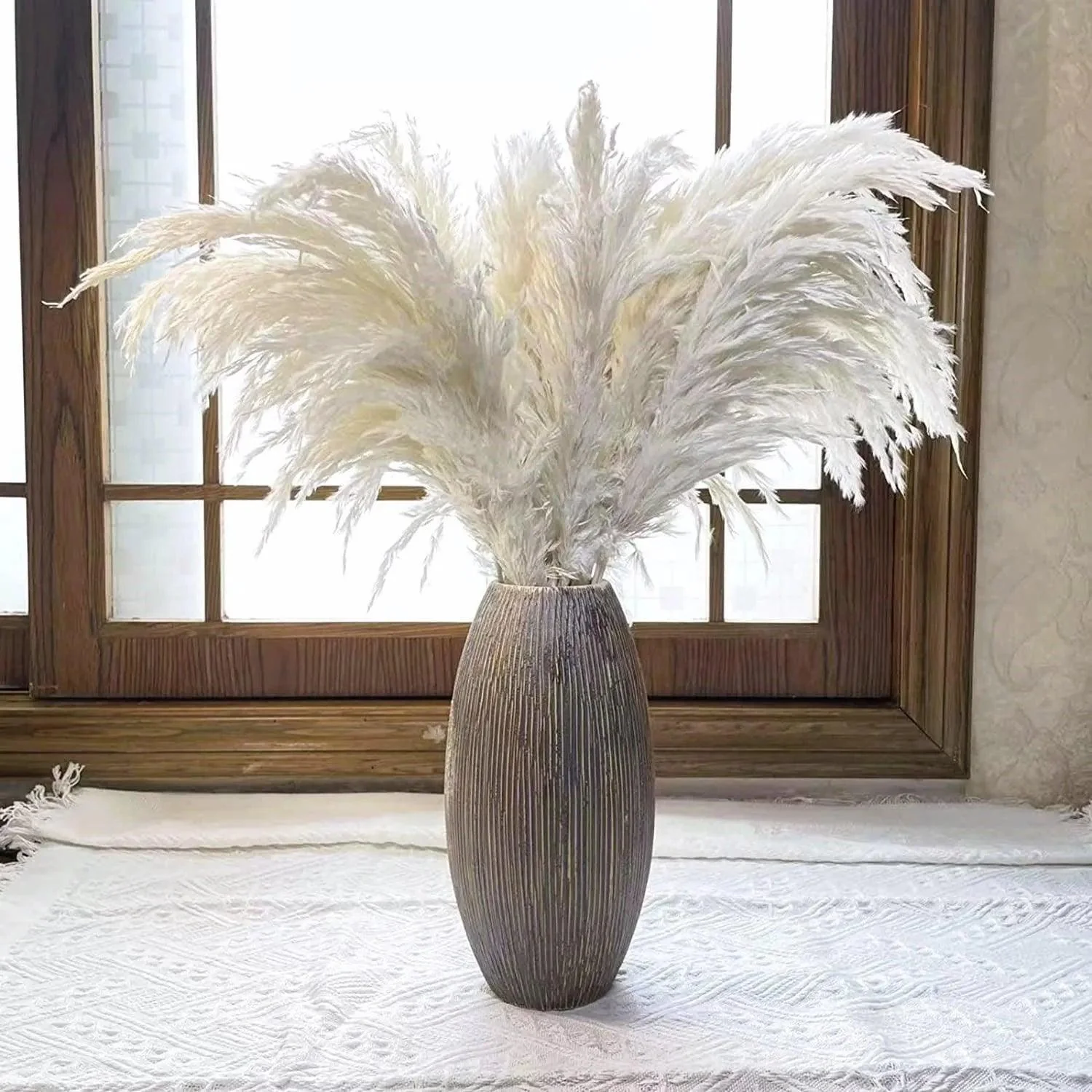 60cm Real Cream White Dried Pampas Grass Bouquet | Fluffy Feather For Modern Boho Home Decoration Ornament