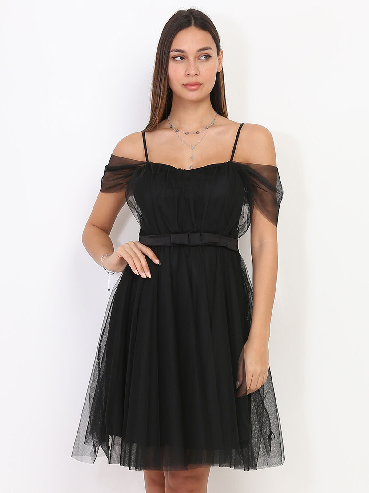Robe en tulle à col bardot- Noir
