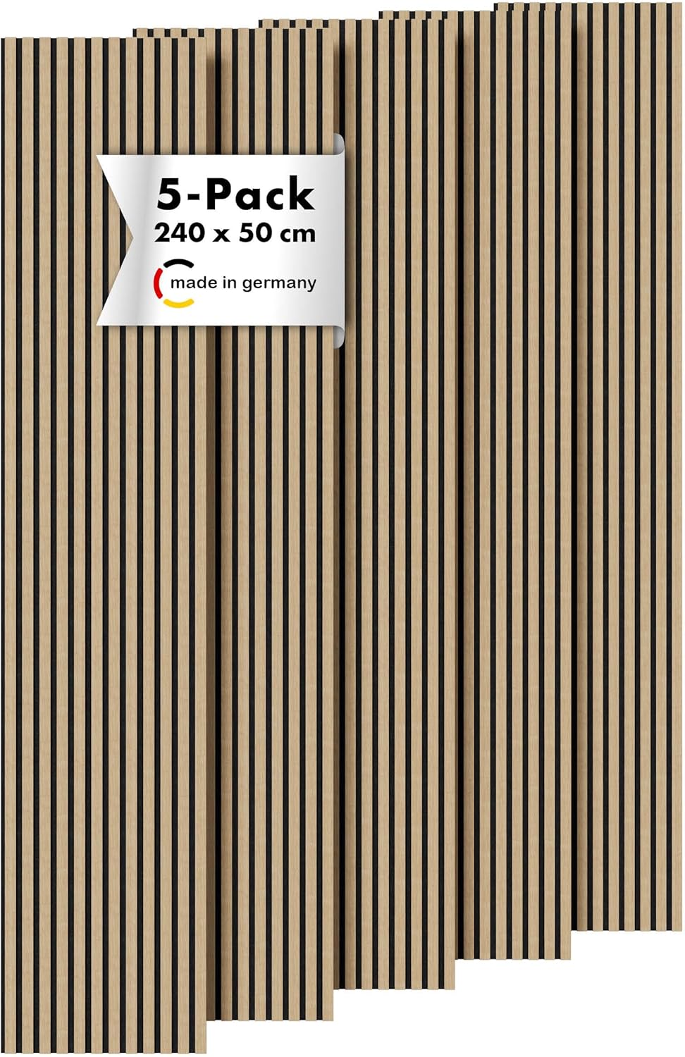 Momento 5 Stück Akustikpaneele Holz 240x50 cm - Made in Germany - Eiche Natur - Wandverkleidung Innen Wandpaneele Holzoptik - 3D Lamellenwand Paneele - Akustik Holzpaneele Wand Holzverkleidung Panel