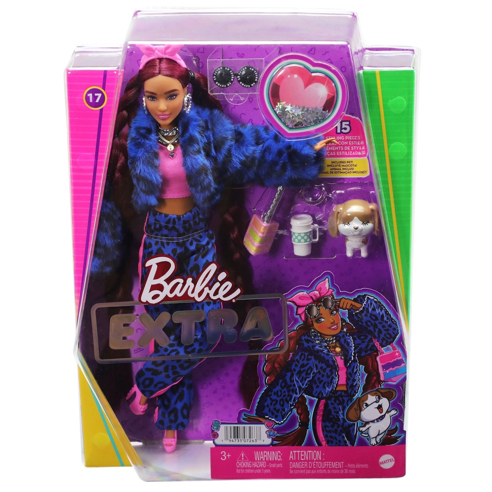 Barbie Extra Puppe 43 cm, blaues Leopardenmuster-Outfit
