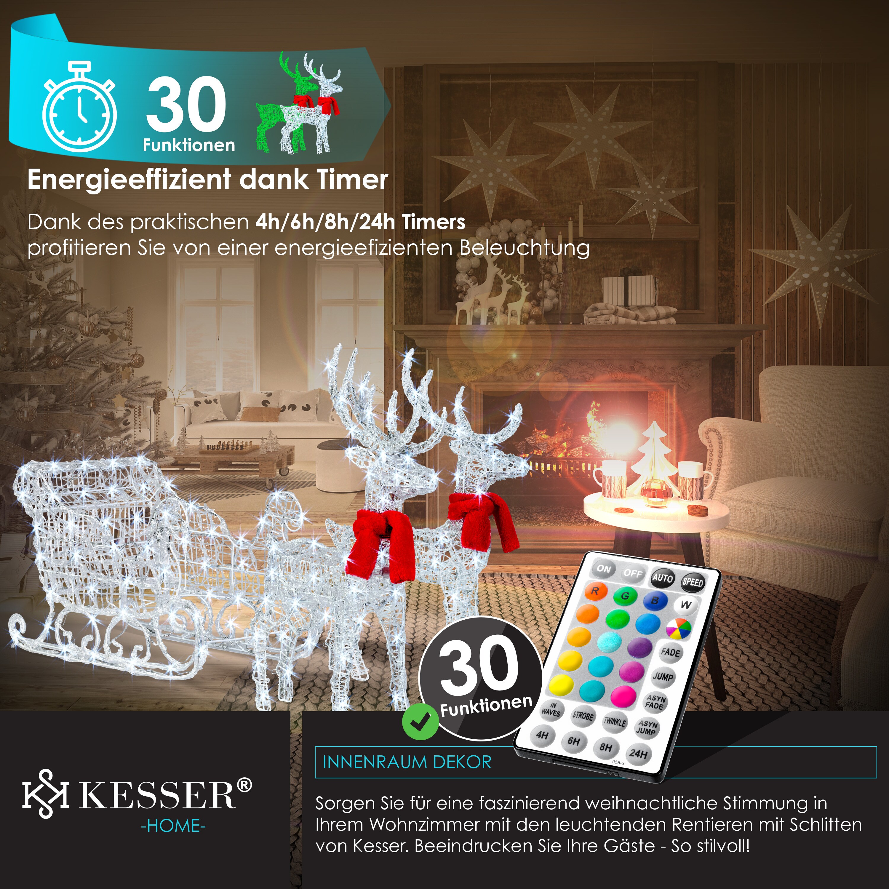 KESSER® 240er LED Rentiere mit Schlitten weiß Timer Weihnachtsbeleuchtung für außen und innen Weihnachtsfigur Weihnachtsdekoration