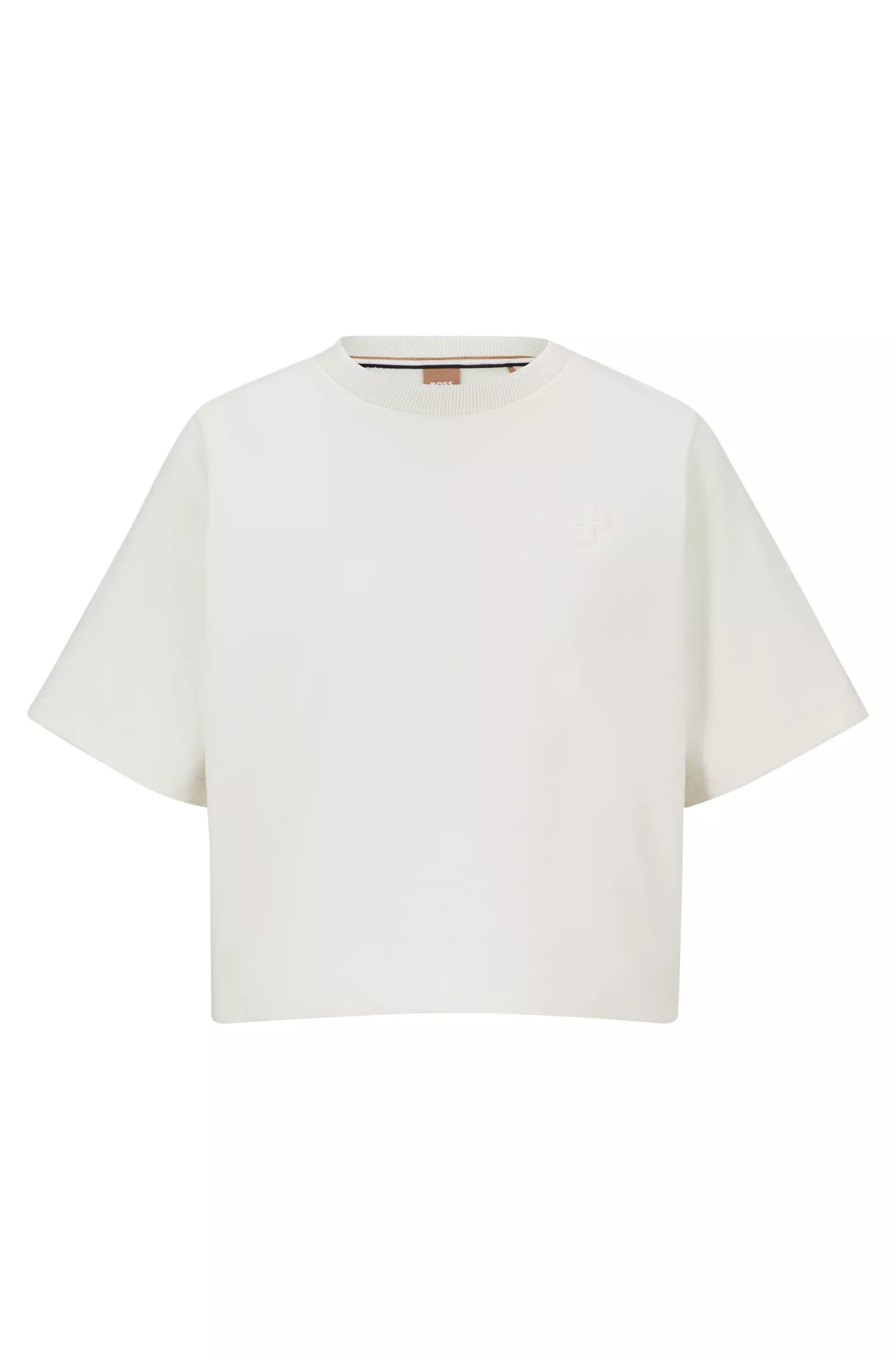 Camiseta cropped preta da BOSS em tecido felpudo francês com monogramas em tom sobre tom.