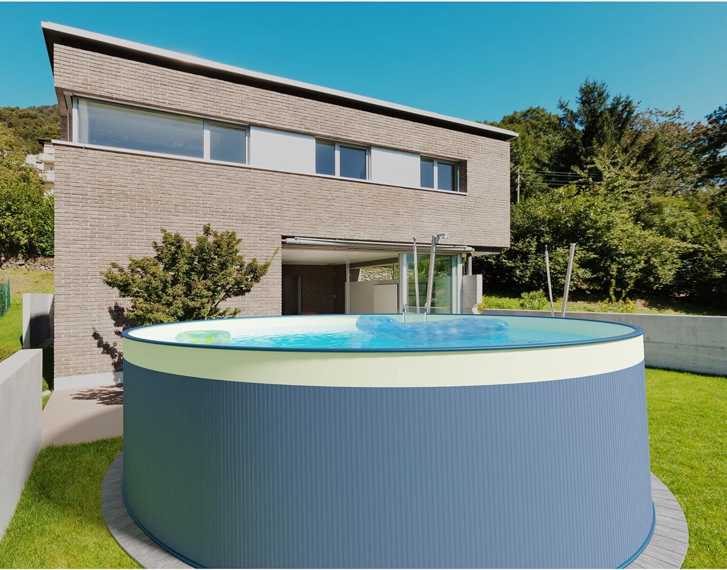 Planet Pool Stahlwandpool rund Größe wählbar, 90 cm tief, Stahl 0,3 mm anthrazit, Folie 0,2 mm Sand, Overlap 300x90