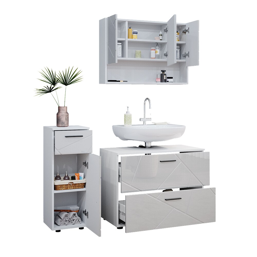Vicco Badmöbelset Irma Weiß Hochglanz modern 80 cm 30 cm Badezimmerschrank Badschrank Badezimmermöbel Waschtischunterschrank Spiegelschrank Midischrank Schranktür Schrankfach Schrankschublade