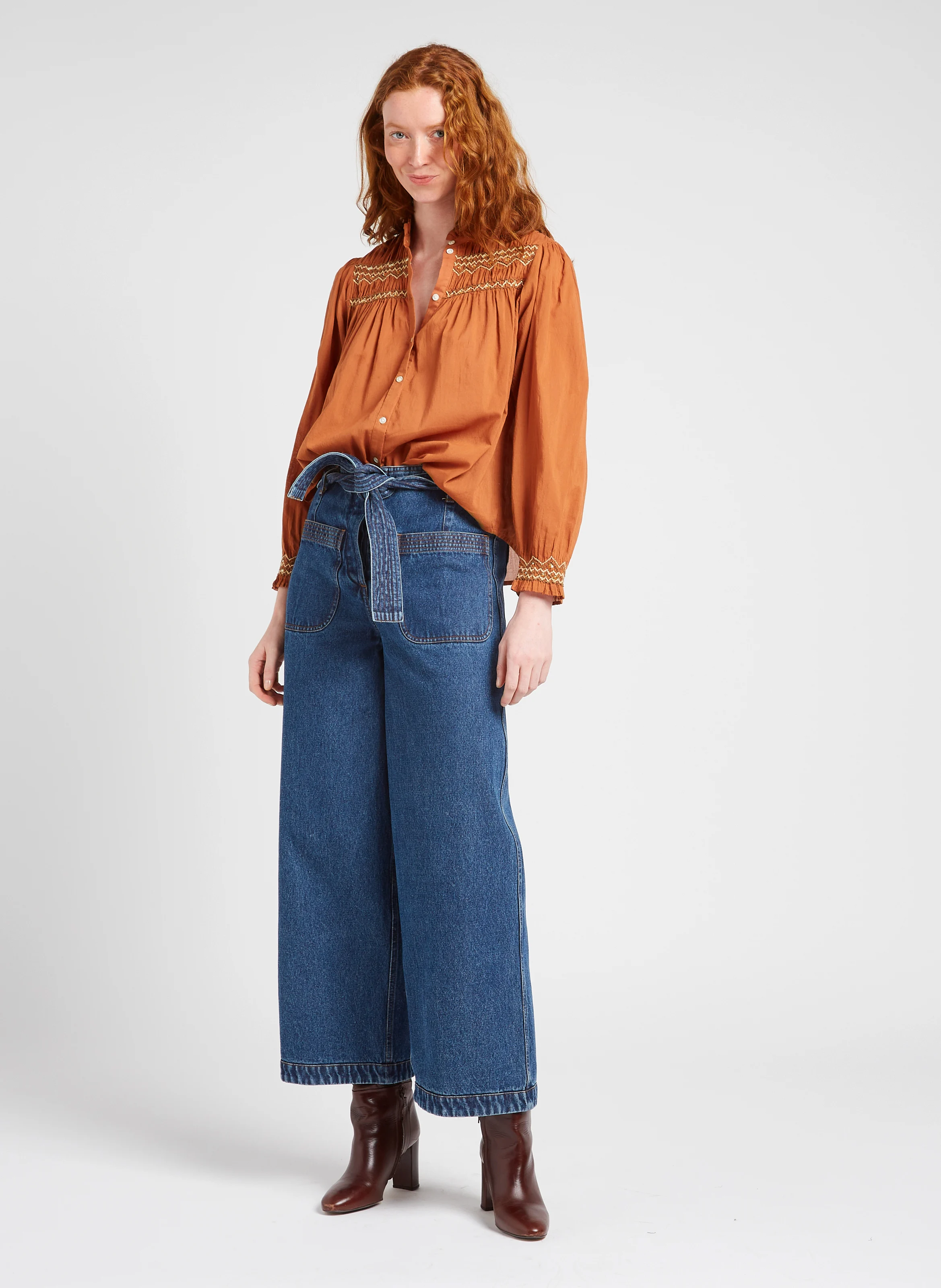 LOUISA - Blouse ample brodée en coton bio | Marron
