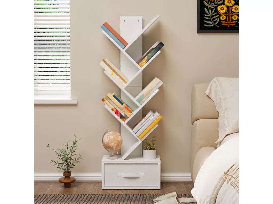 Bealife Bibliothèque 7 Niveaux Étagère de Rangement 1 Tiroir Tissu Arbre Livre CD Magazine Salon Chambre Blanc
