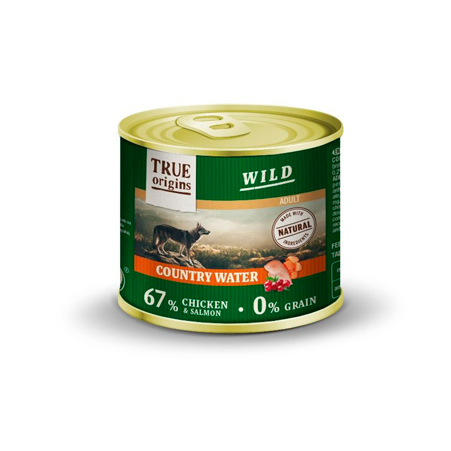 Patê True Origins Wild Adult Country Water Chicken and Salmon em lata para cães.