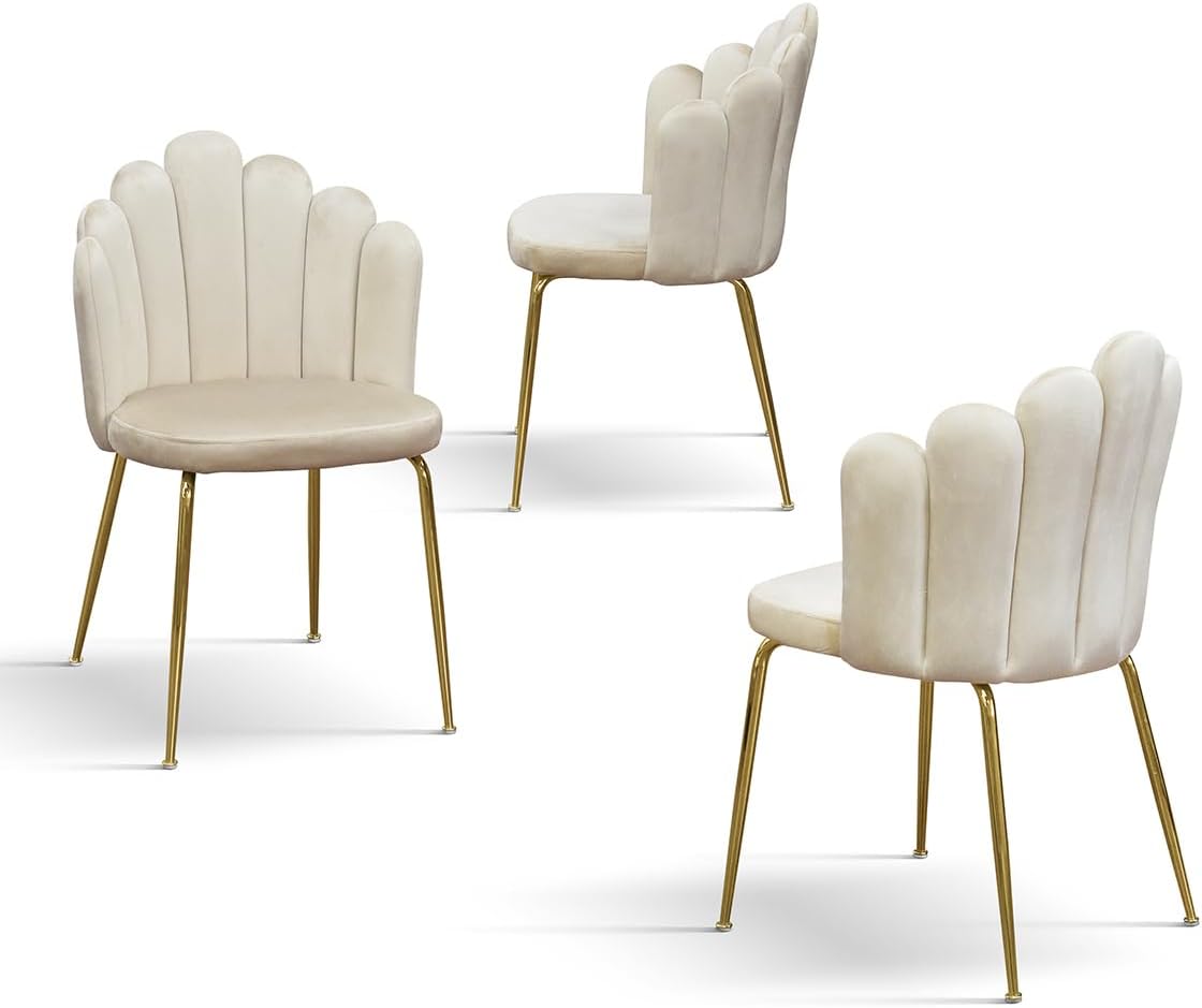 Stuhl Sissi, Set mit 4 Stühlen, Creme, Samtstühle, Küchenstühle, Esszimmerstühle, Metallbeine Gold - id_2035