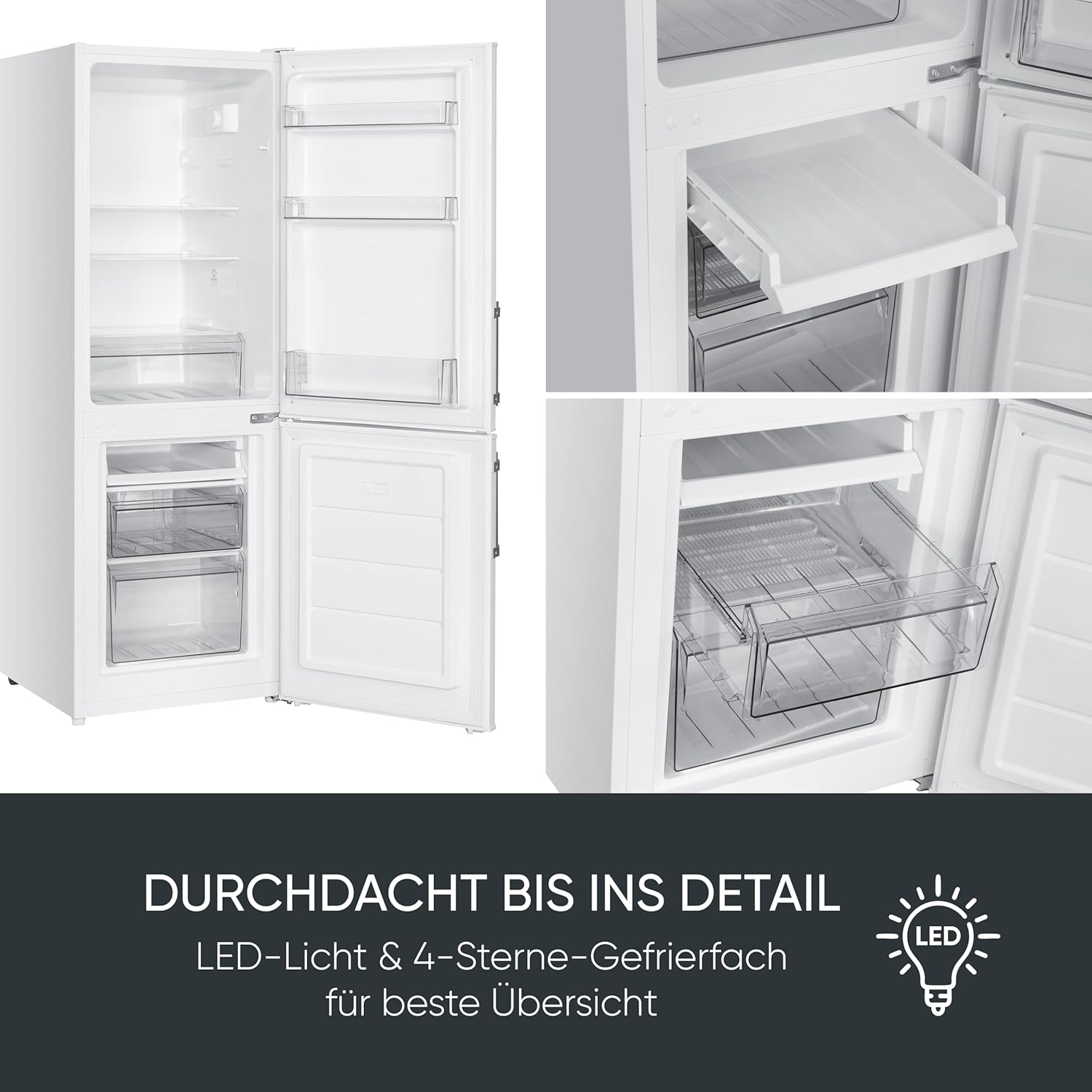 SEVERIN Kühl-Gefrierkombination, Energieeffizienzklasse C, Kühlen 121L, Gefrieren 52L, LED Beleuchtung, 142,5 cm Höhe, 4-Sterne-Gefrierfach, verstellbare Ablagefläche, 124 kWh, weiß/Metall, DT 8770