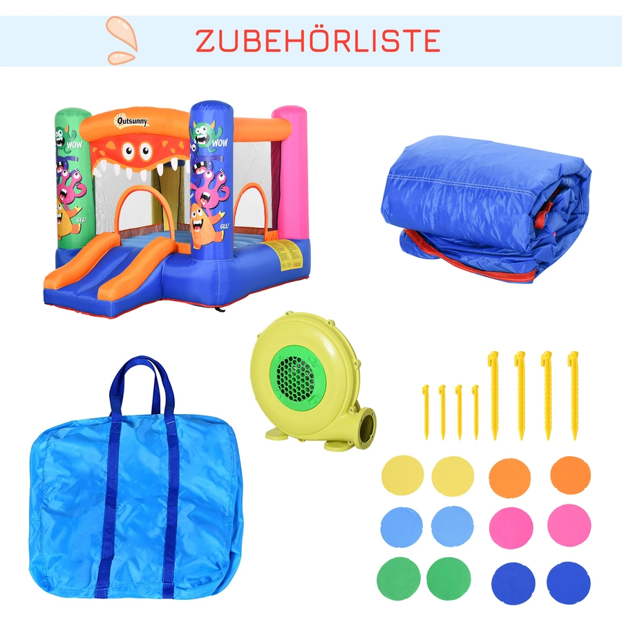 Outsunny Hüpfburg mit Rutsche  und Monster Design bunt