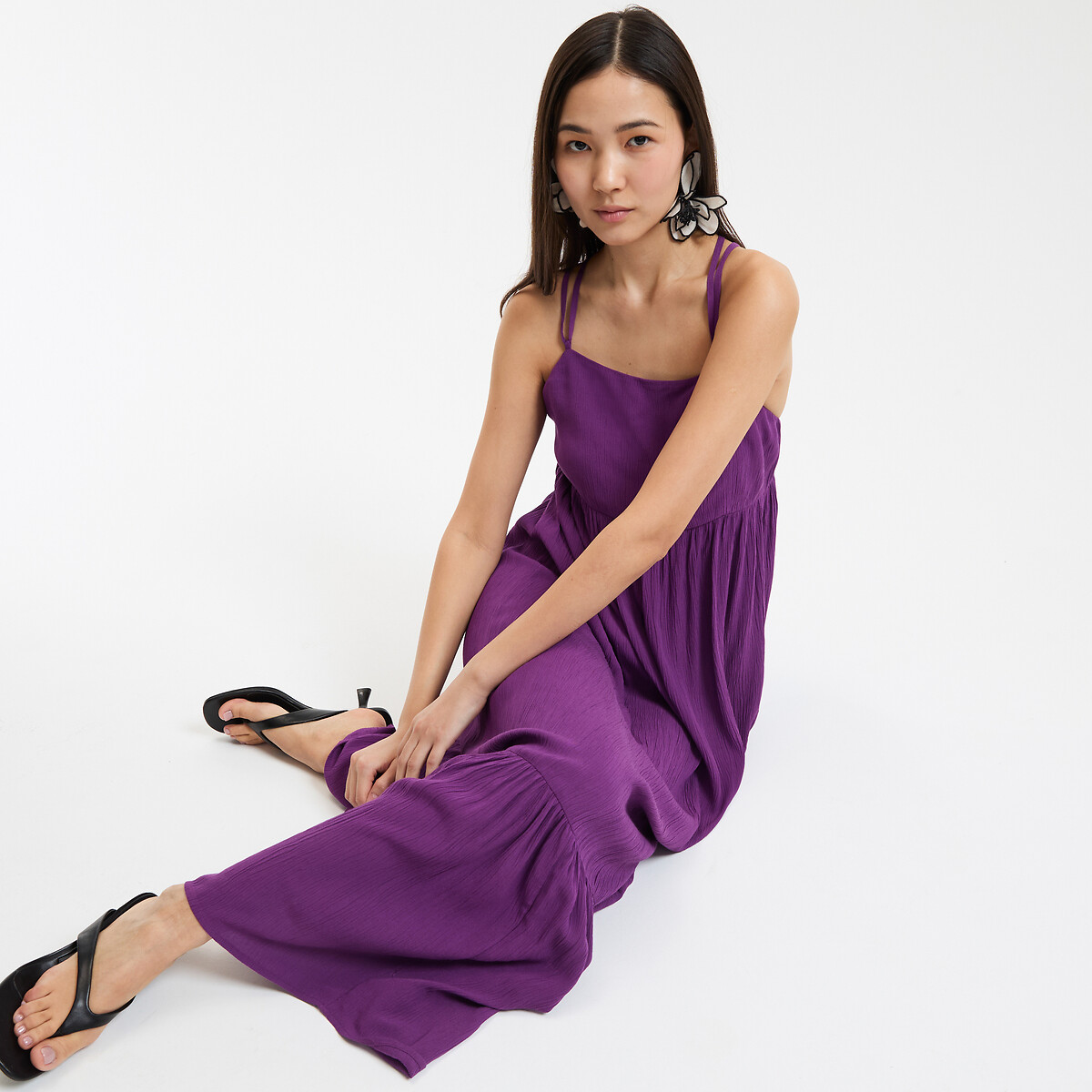 COLEÇÕES LA REDOUTE<br>Vestido longo e fluido com babados e alças finas