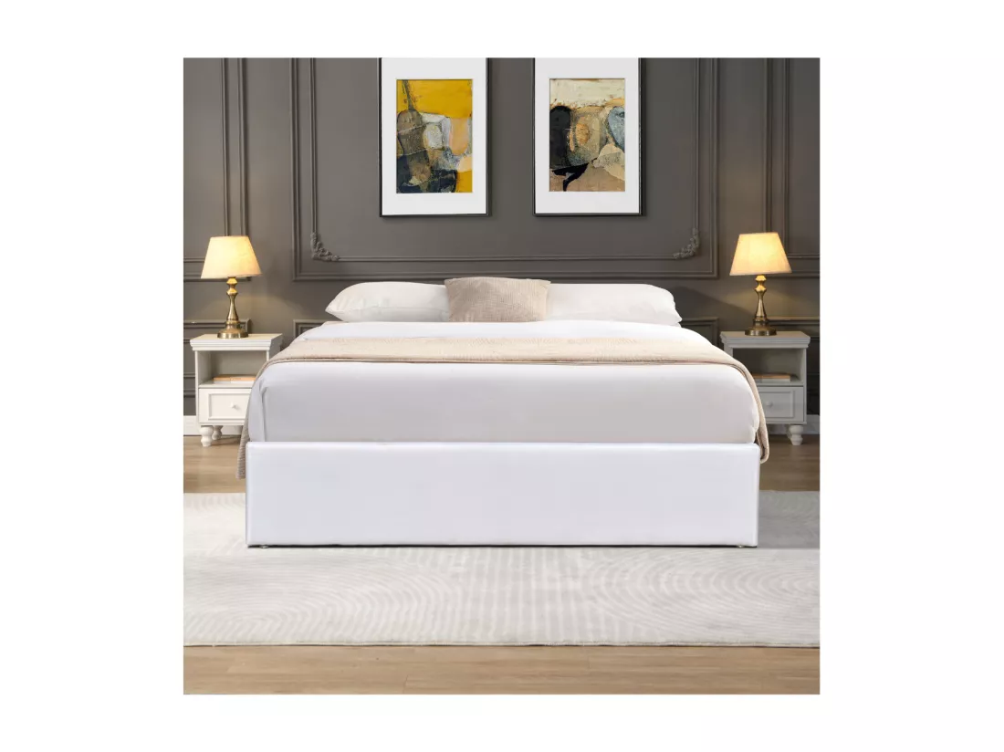 Nuits D'or Solide Lit Coffrer Blanc pour Matelas 140x200 cm - 14 Lattes - Manon + Pieds - Montage Rapide et Facile - rev