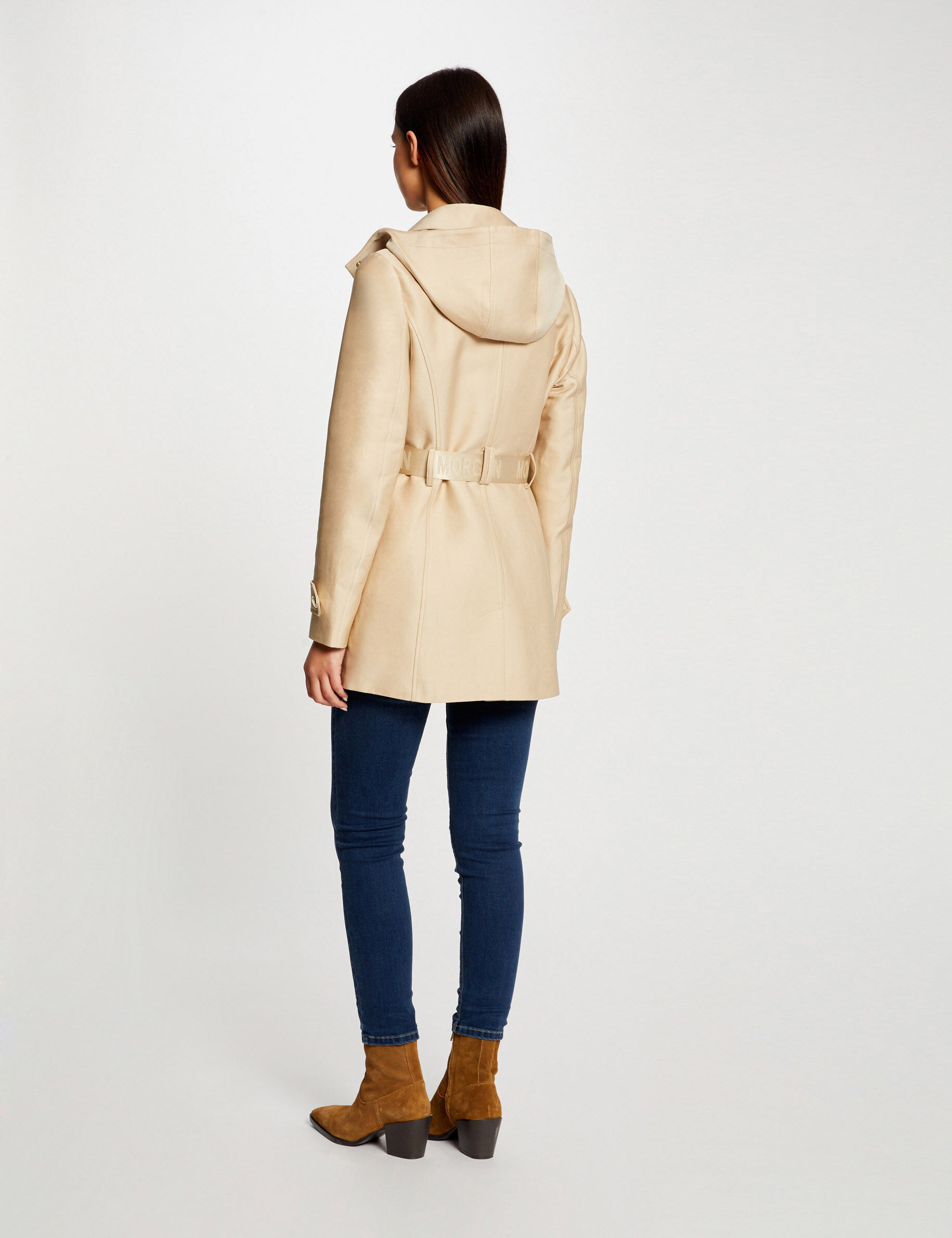 Trench droit ceinturé à capuche beige femme - beige