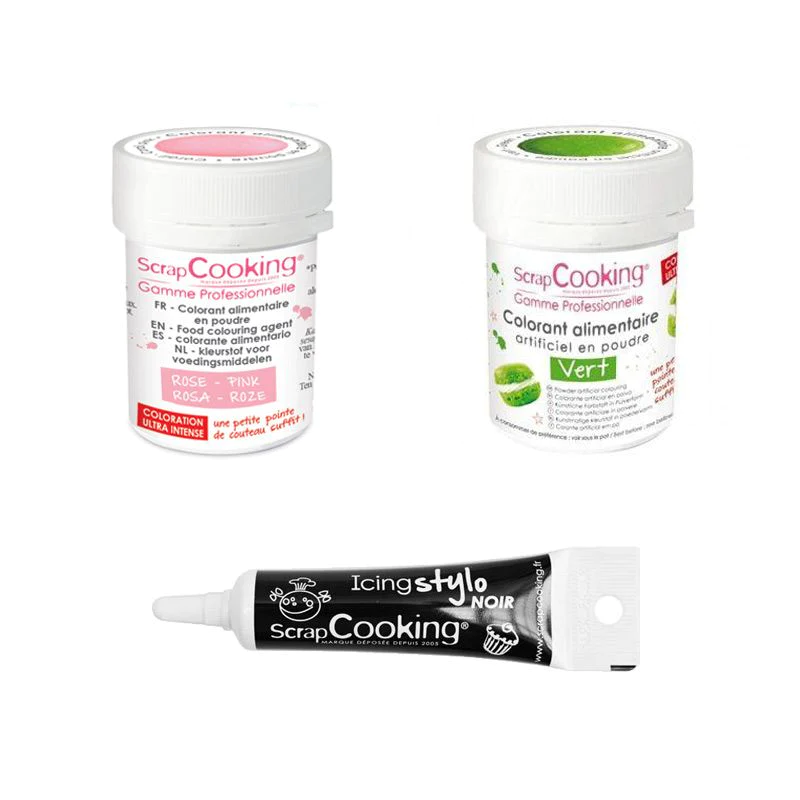 2 colorants alimentaires vert-rose poudré + Stylo glaçage noir Scrapco