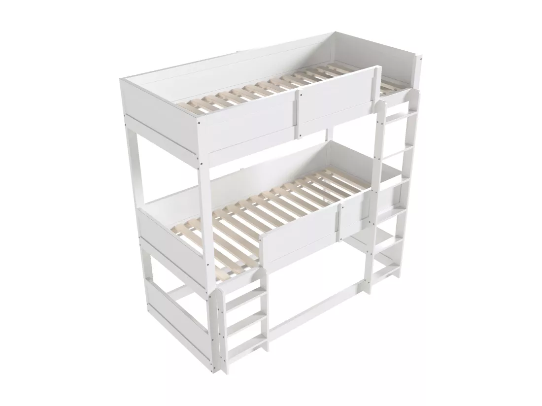 Lit superposé 3x90x200 cm en bois massif - avec 2 sommiers à lattes - Blanc