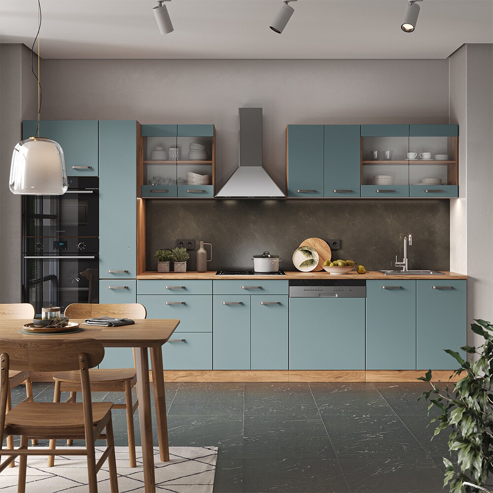 Vicco Küchenzeile R-Line Solid Eiche Blau Grau 350 cm modern Küchenschränke Küchenmöbel