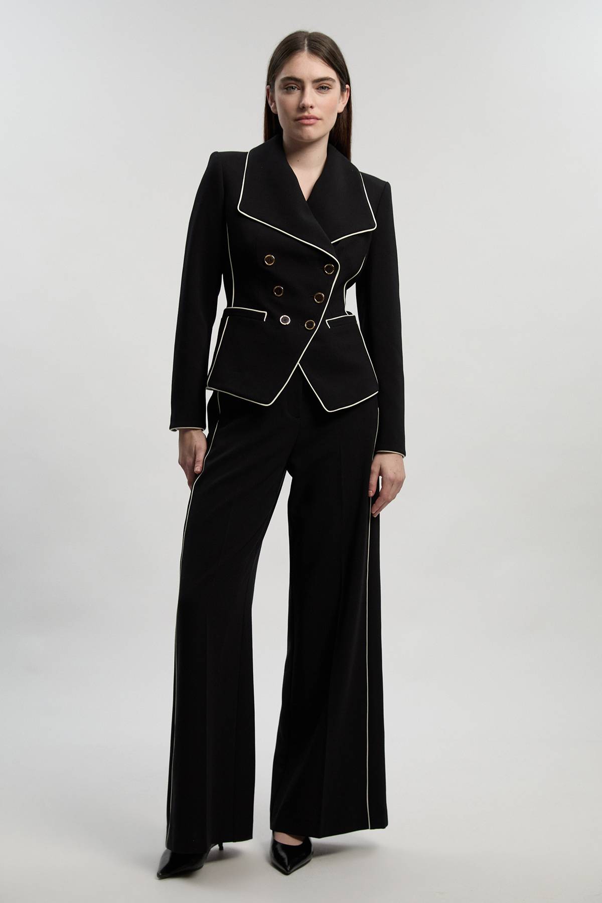 KarenMillen Pantalon Tailleur Petite Taille Jambe Large en Tissu Stretch Compact avec Liserés Contrastants