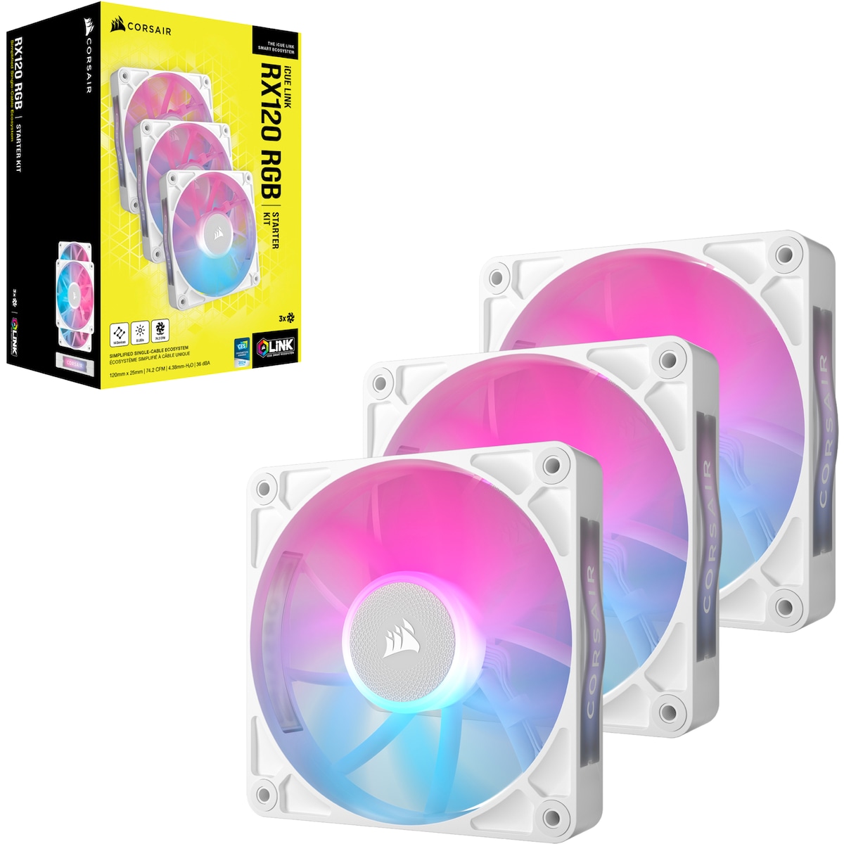Corsair iCUE LINK RX120 RGB 120mm PWM viftestartsett (3-pakk, hvit)