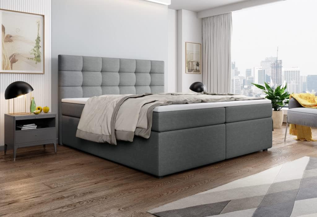 Boxspringbett Fenix Hotelbett, kontinentales Bett, Designerbett, 140/160/180x200cm, viele Farbvarianten, Zwei Bettkasten, Bonell Matratze, Topper (Inari 91 Hellgrau, 160 x 200 cm)