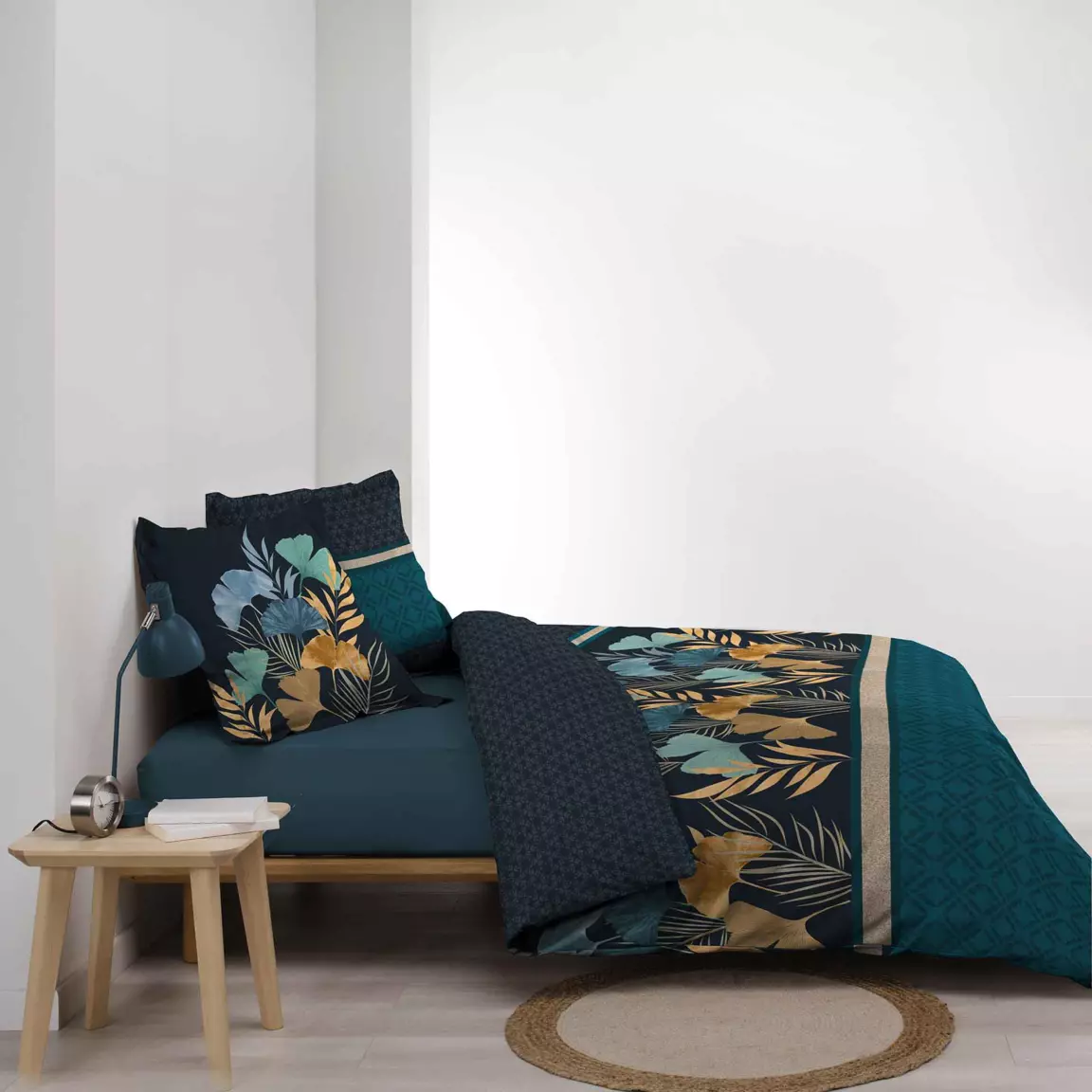 Housse de couette et deux taies percale de coton (240 x 220 cm) Blondy Bleue