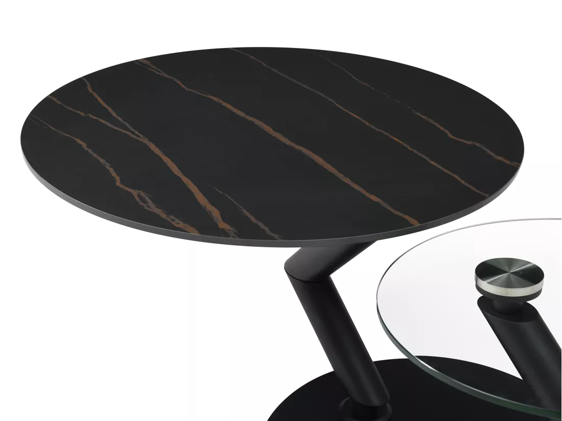 Table basse avec plateaux pivotants en céramique, verre trempé et métal - Effet marbre noir - ELDOVA