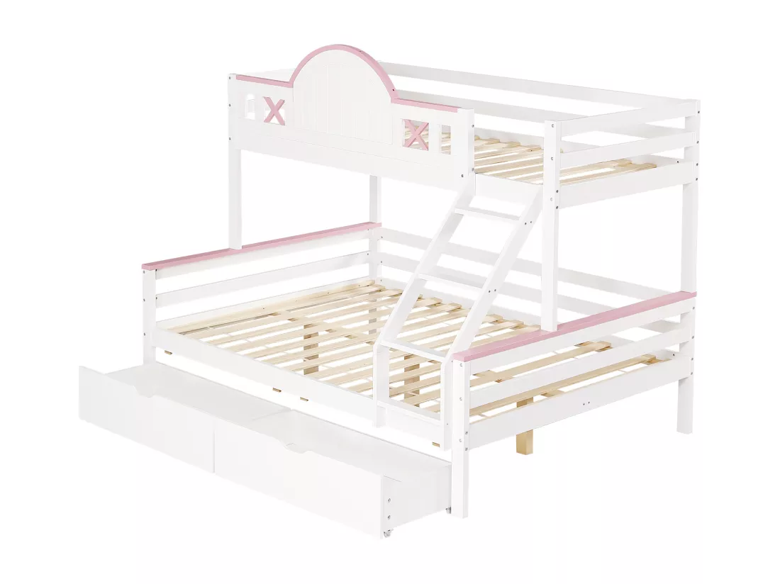 Lit superposé pour enfants 90x200cm+140x200cm , avec tiroirs, fenêtre, forme de fenêtre, pin + MDF, blanc + rose